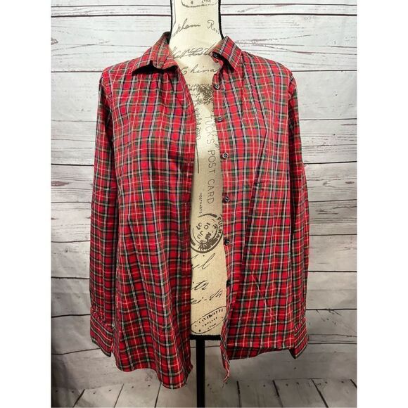 Lands' End Women's Red Plaid Long Sleeve Button Down Shirt Size 14 - Picture 1 of 5